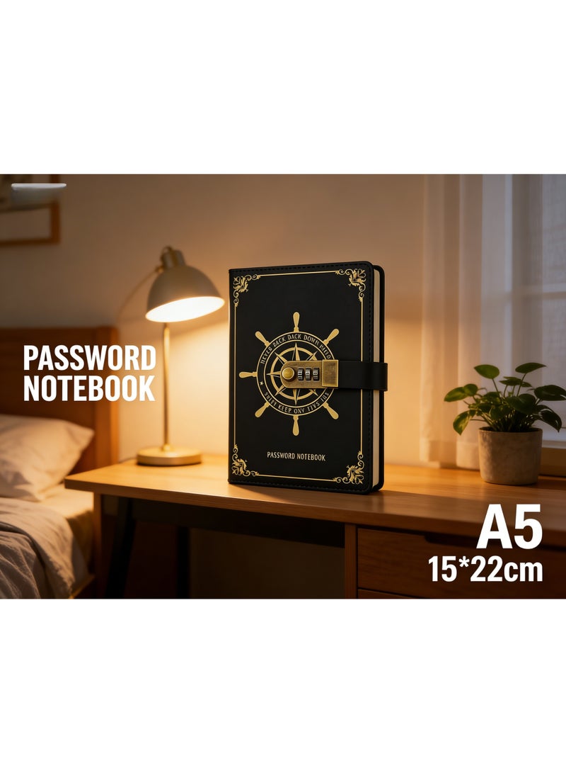 مفكرة جلدية عتيقة مقاس A5 مزودة بقفل برقم سري مكون من 3 أرقام، مفكرة فاخرة لهدايا رمضان والكتابة اليومية، أدوات مكتبية إبداعية (أسود) - Image 2